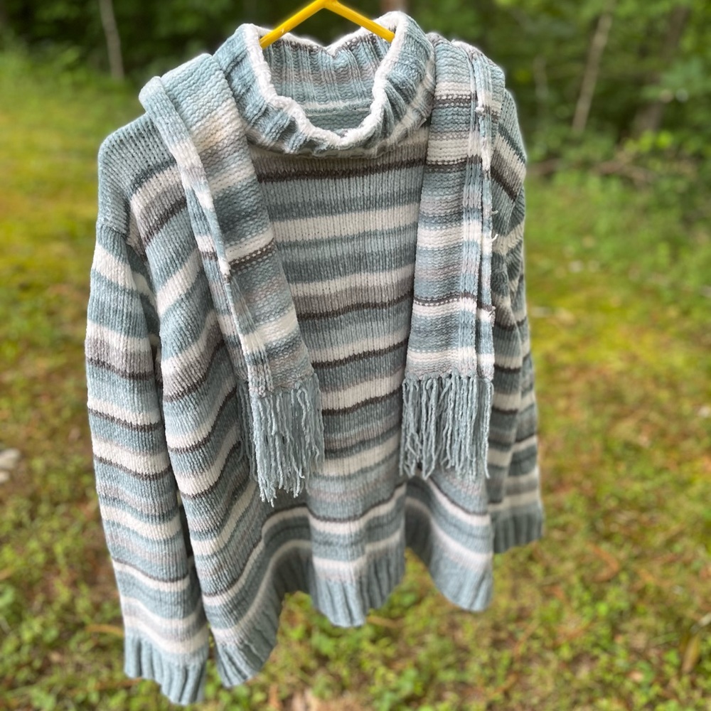 Lane Bryant, 22, cowl neck chenelle blue, white and gray striped sweater